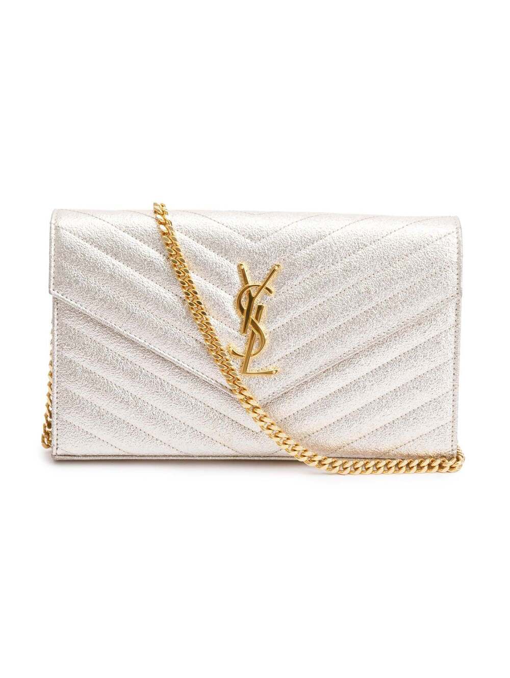 Saint Laurent Metallic Gold Matelassé Chevron Monogram Chain Wallet